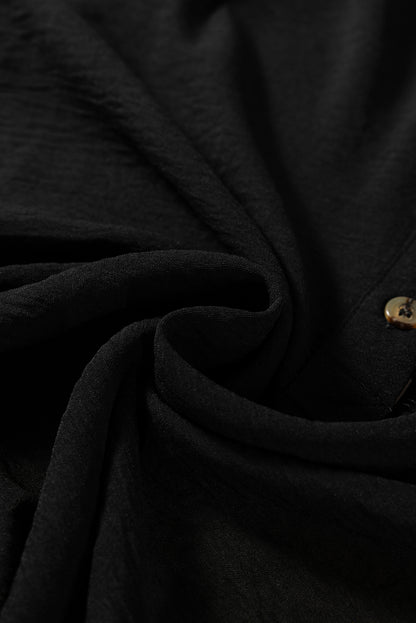 Black Contrast Leopard Print Patchwork Polo Collar Buttons Front Ruffled Long Sleeve Blouse