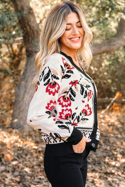 Floral Knit Button-Front V-Neck Cardigan