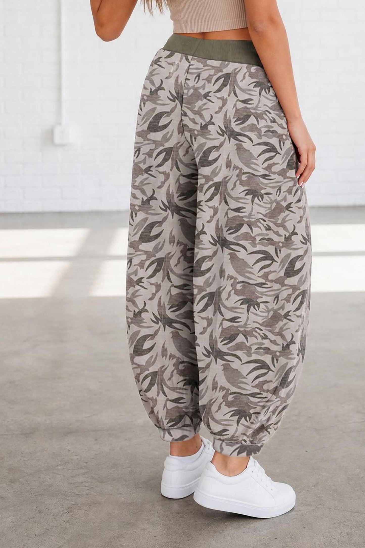 Camo Drawstring Contrast Waistband Barrel Cargo Pants