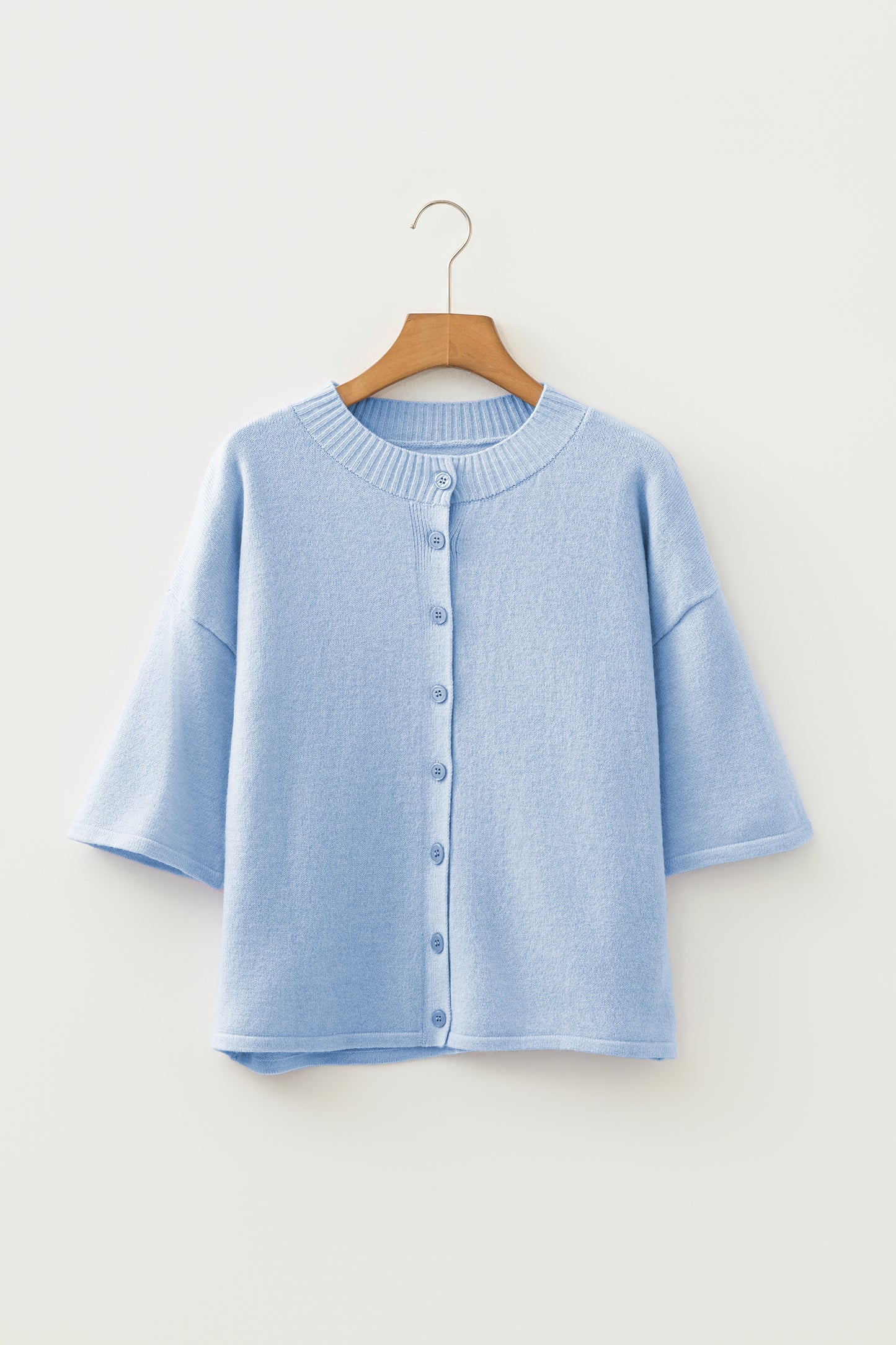 Solid 3/4 Sleeve Boxy Button-Down Cardigan