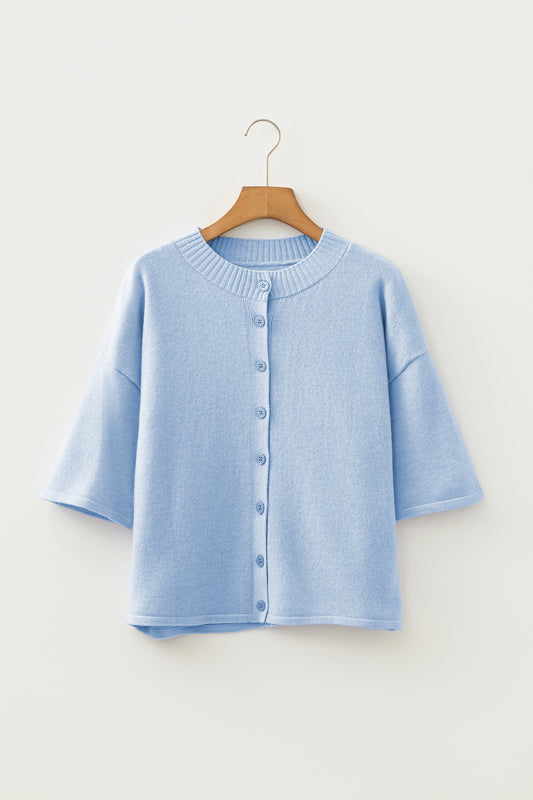 Solid 3/4 Sleeve Boxy Button-Down Cardigan