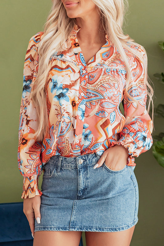 Floral Button-Up Shirred Cuff Shirt