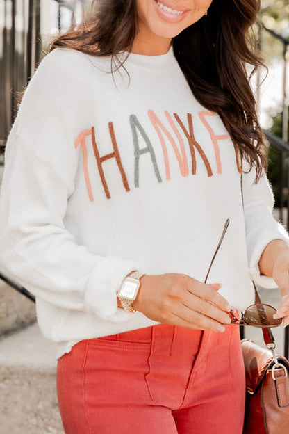 Thankful Embroidered Long Sleeve Sweater