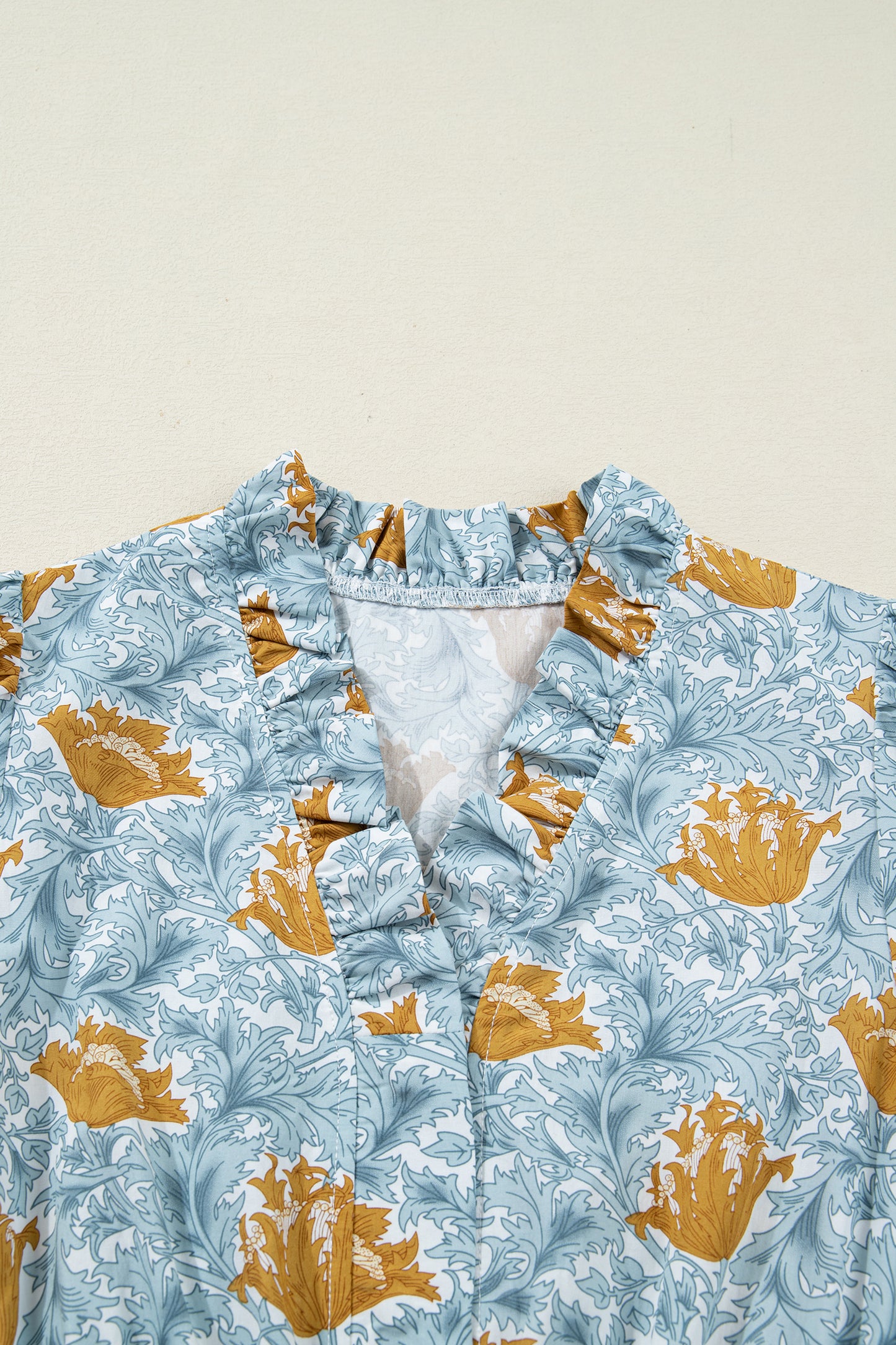 Floral Frilled V-Neck 3/4 Sleeve Midi Dress