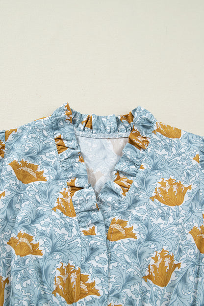 Floral Frilled V-Neck 3/4 Sleeve Midi Dress