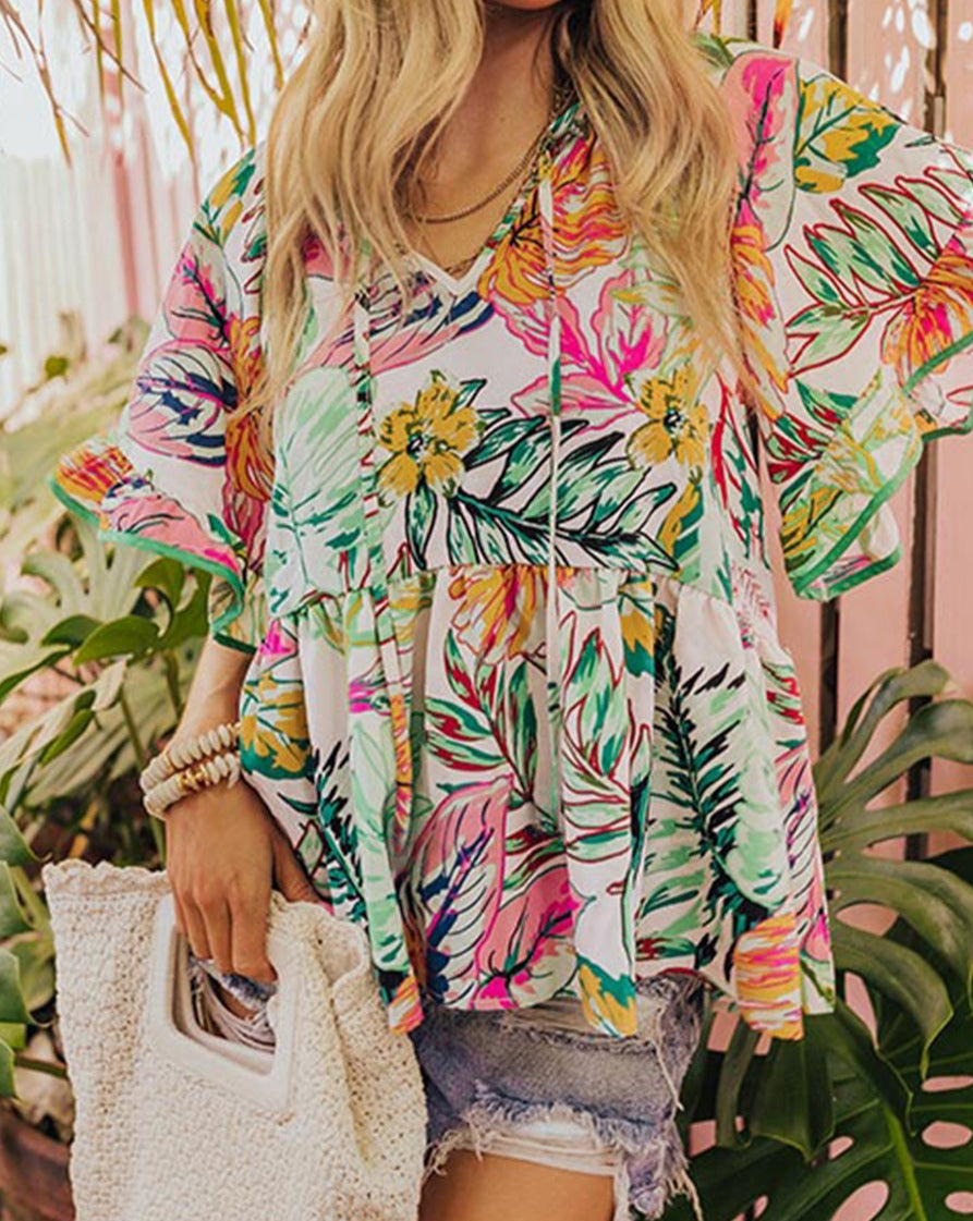 Floral Ruffle Short Sleeve Blouse