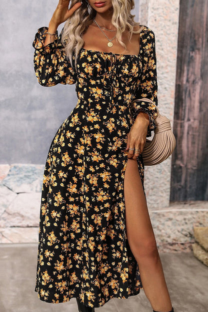 Floral Puff Sleeve Slit Dress