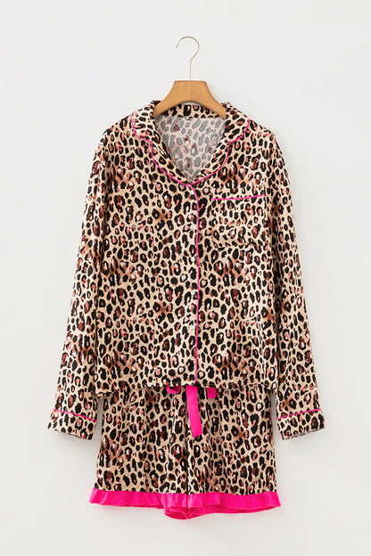 Leopard Contrast Trim Shirt and Ruffle Hem Short Set