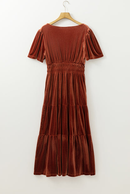 Velvet Shirred Waist Tiered Maxi Dress