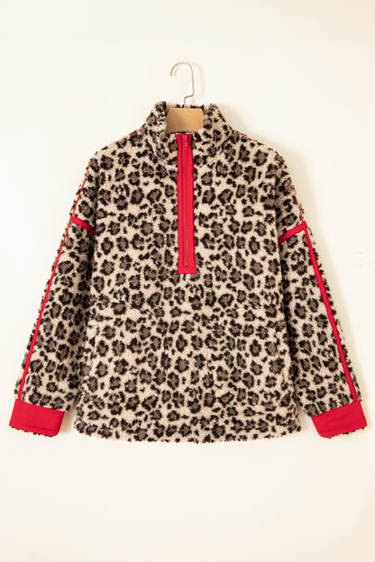 Leopard Fleece Contrast Trim Half Zip Sweatshirt