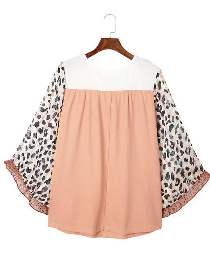 Colorblock Ruffle Leopard Sleeve Top Plus Size