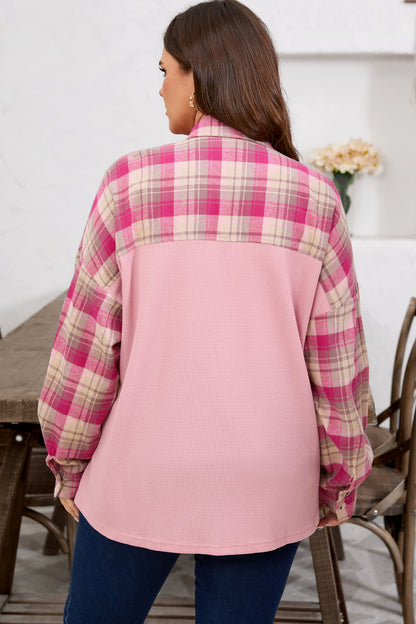 Plus Size Plaid Patchwork Waffle Patch Pocket Shirt