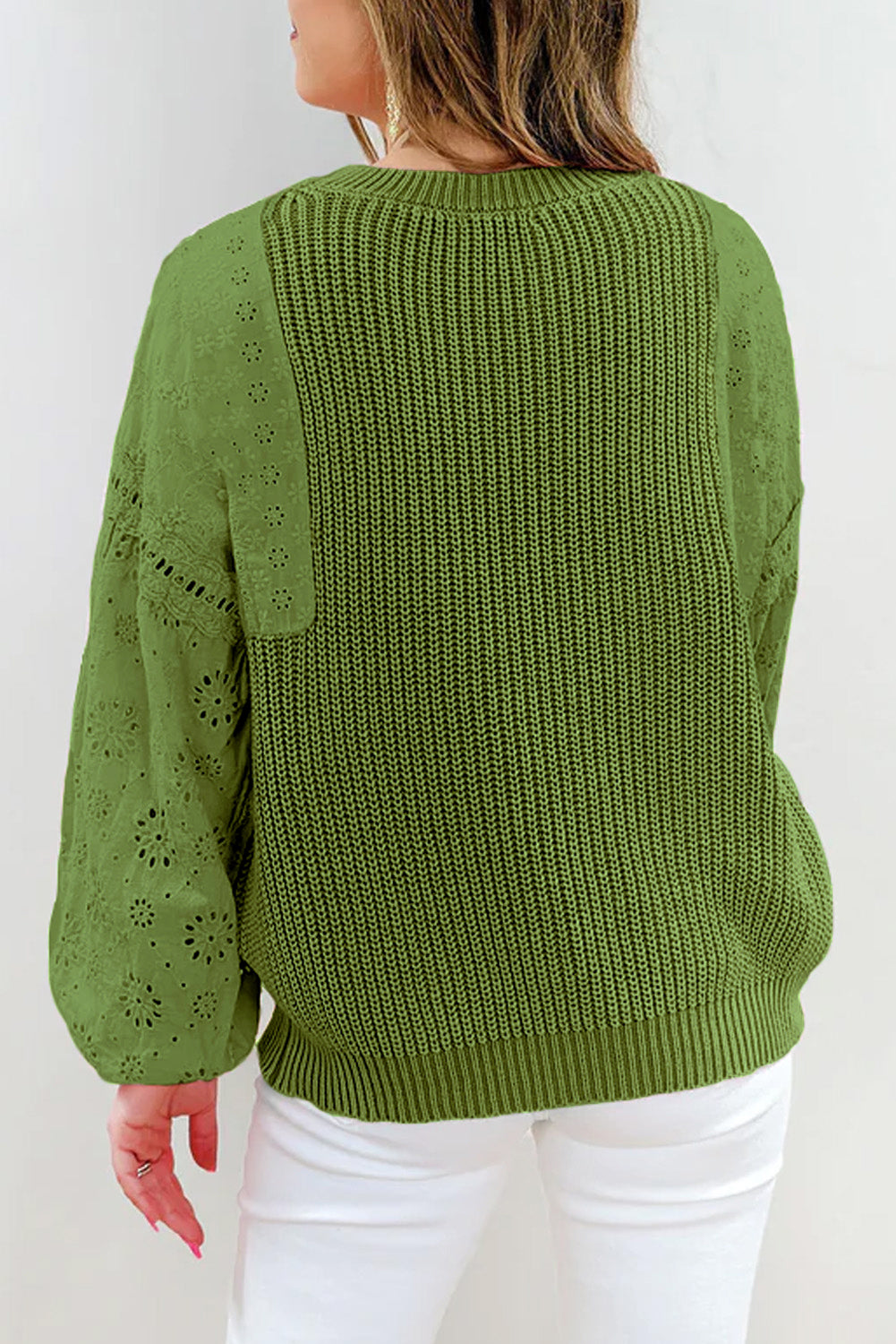 Patchwork Eyelet Puff Sleeve Sweater