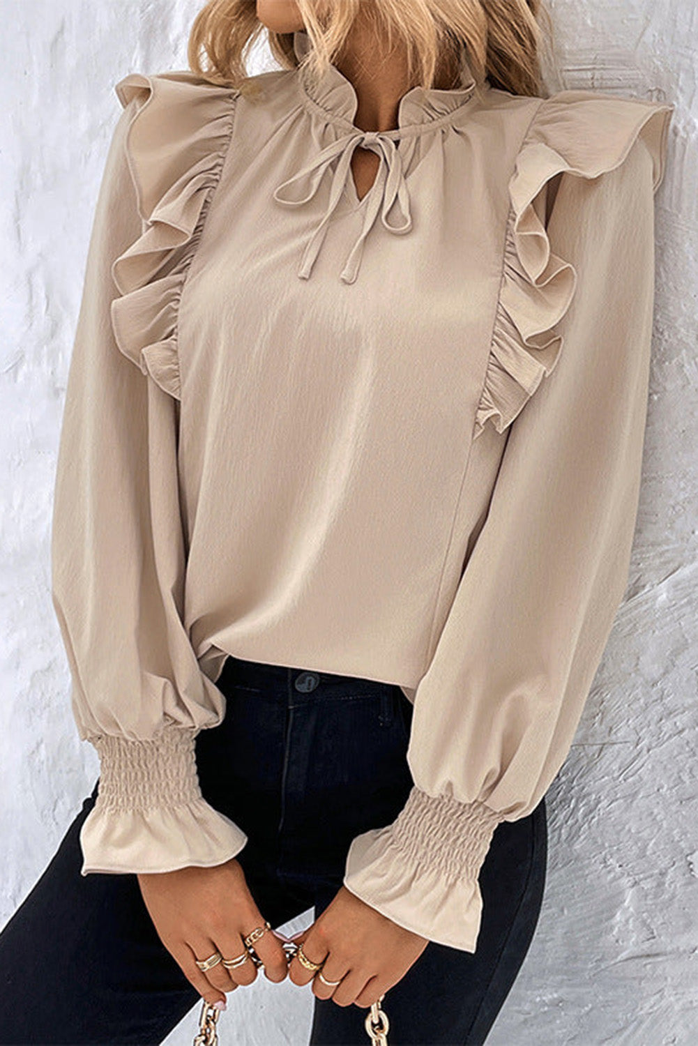 Ruffle Tie-Front Bubble Sleeve Blouse