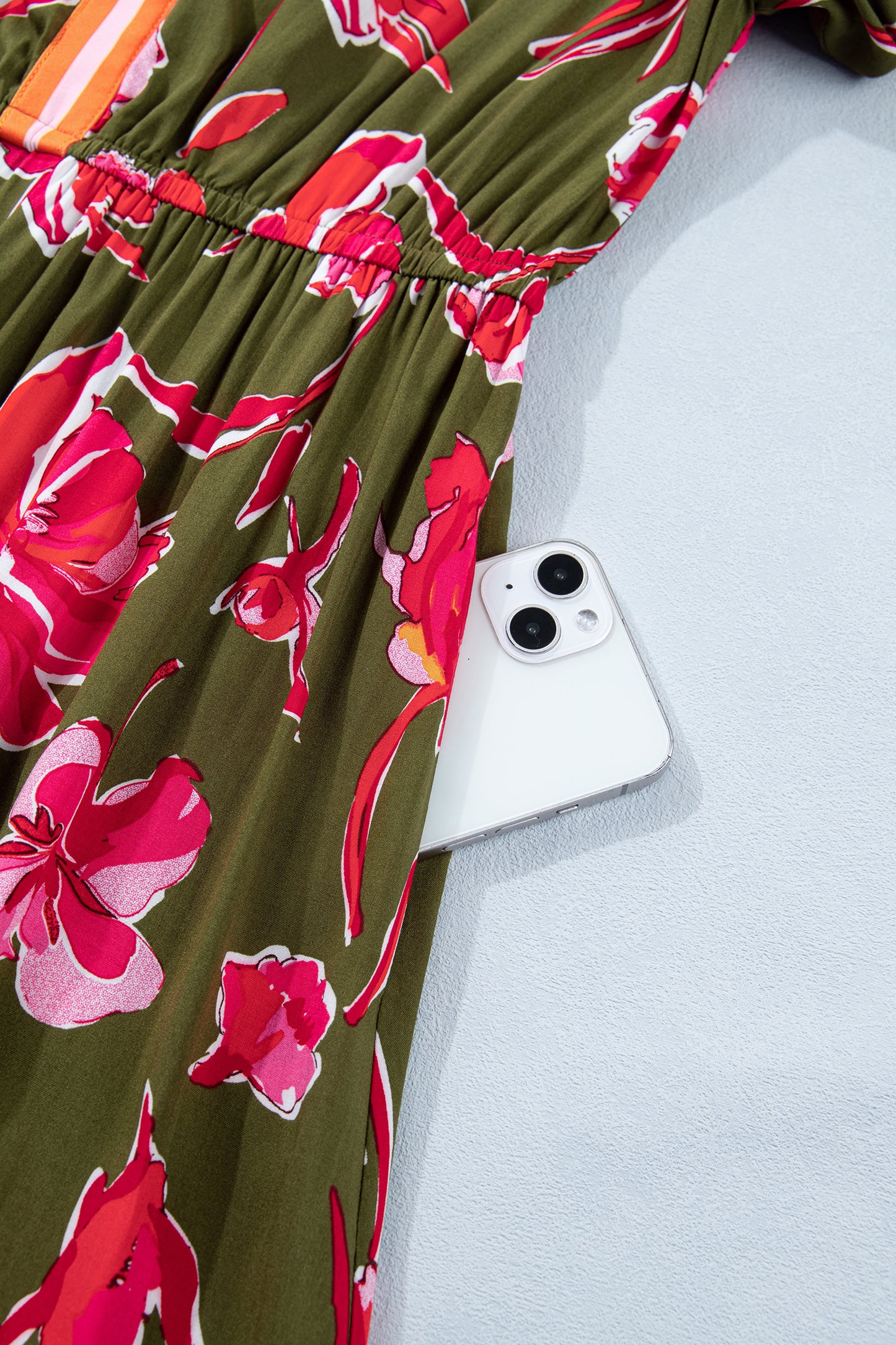 Floral Stripe Trim Short Puff Sleeve Maxi Dress