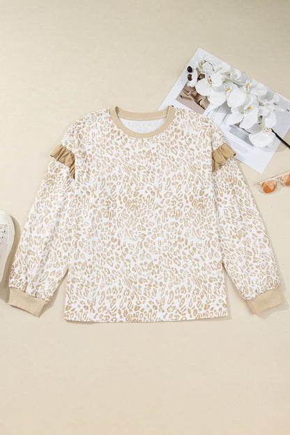 Plus Size Leopard Ruffle Long Sleeve Sweatshirt