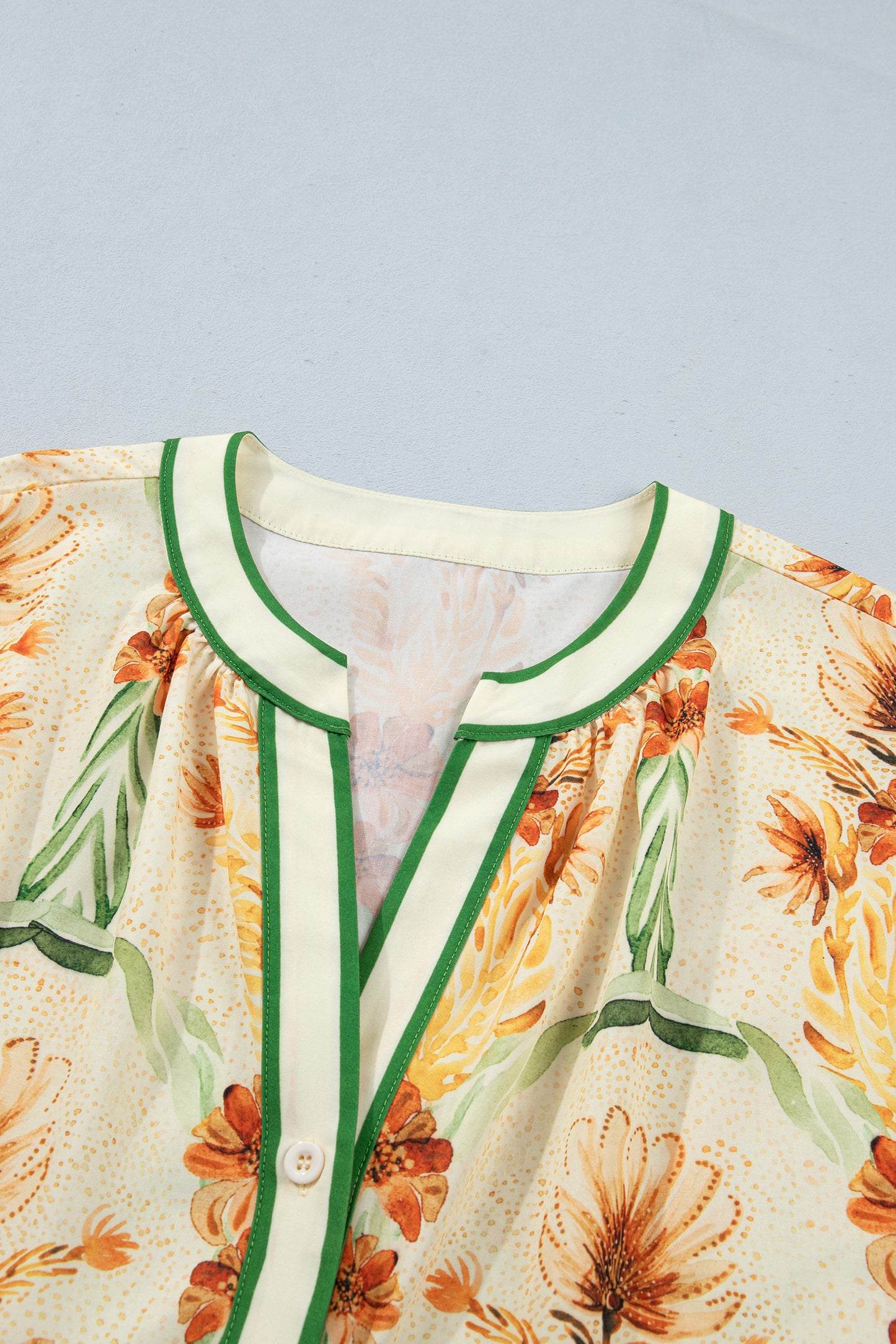 Floral Stripe Contrast V-Neck Puff Long Sleeve Blouse