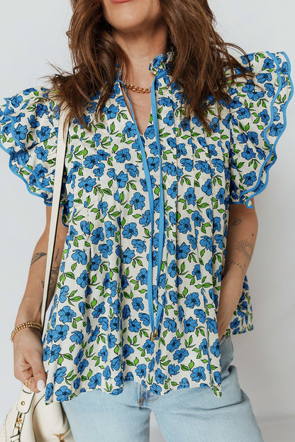 Flower Tiered Flutter Sleeve Pleated Blouse
