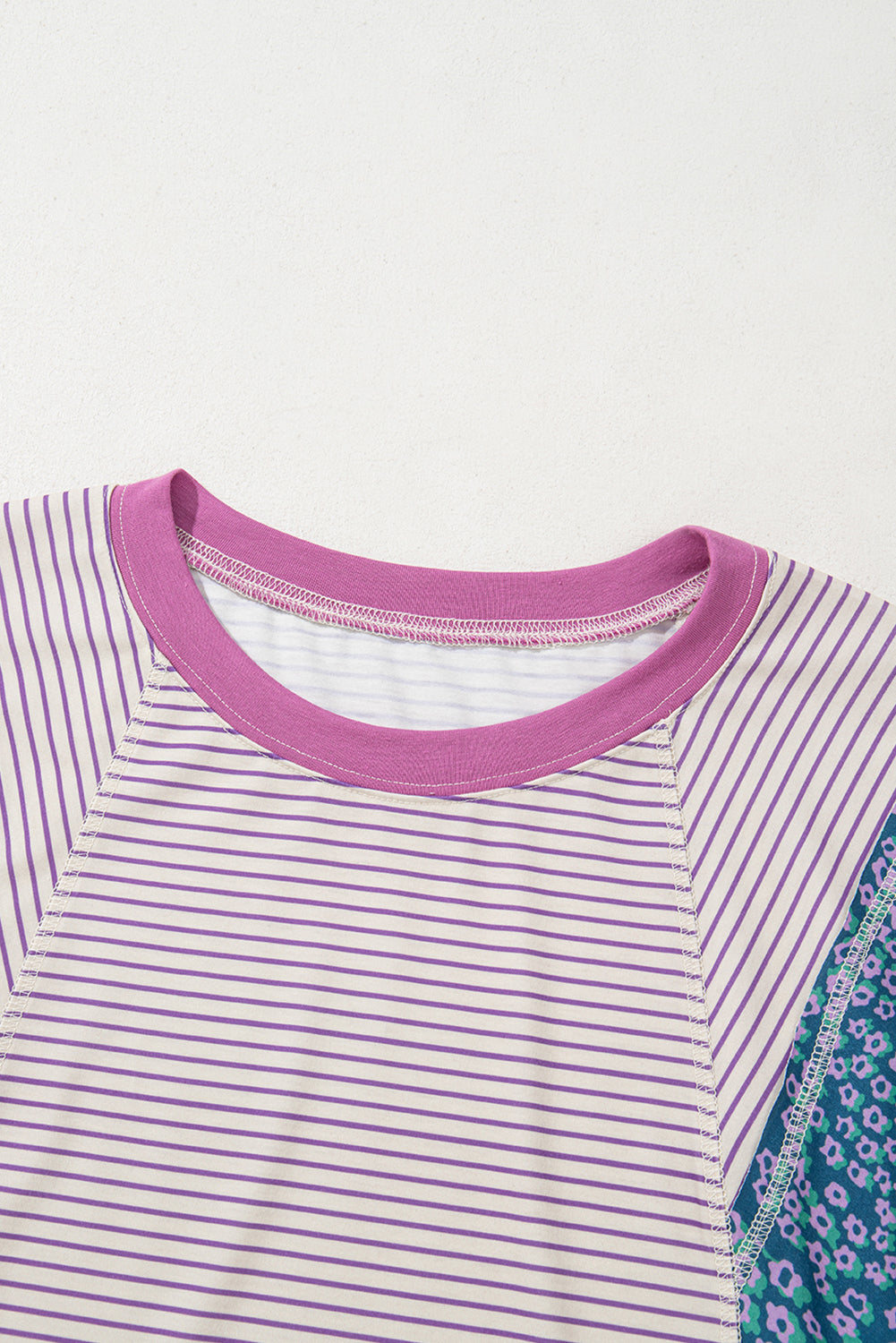 Floral Stripe Colorblock Raw Edge Patchwork Blouse