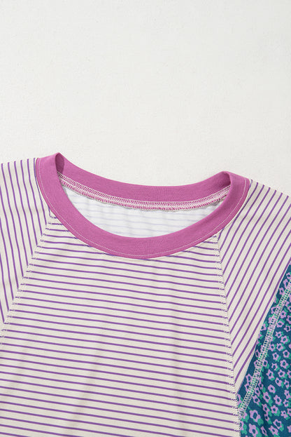 Floral Stripe Colorblock Raw Edge Patchwork Blouse