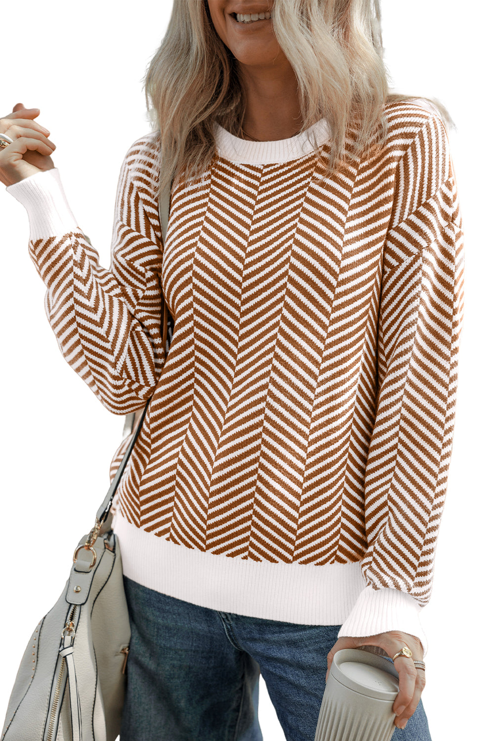 Herringbone Crewneck Drop Shoulder Sweater