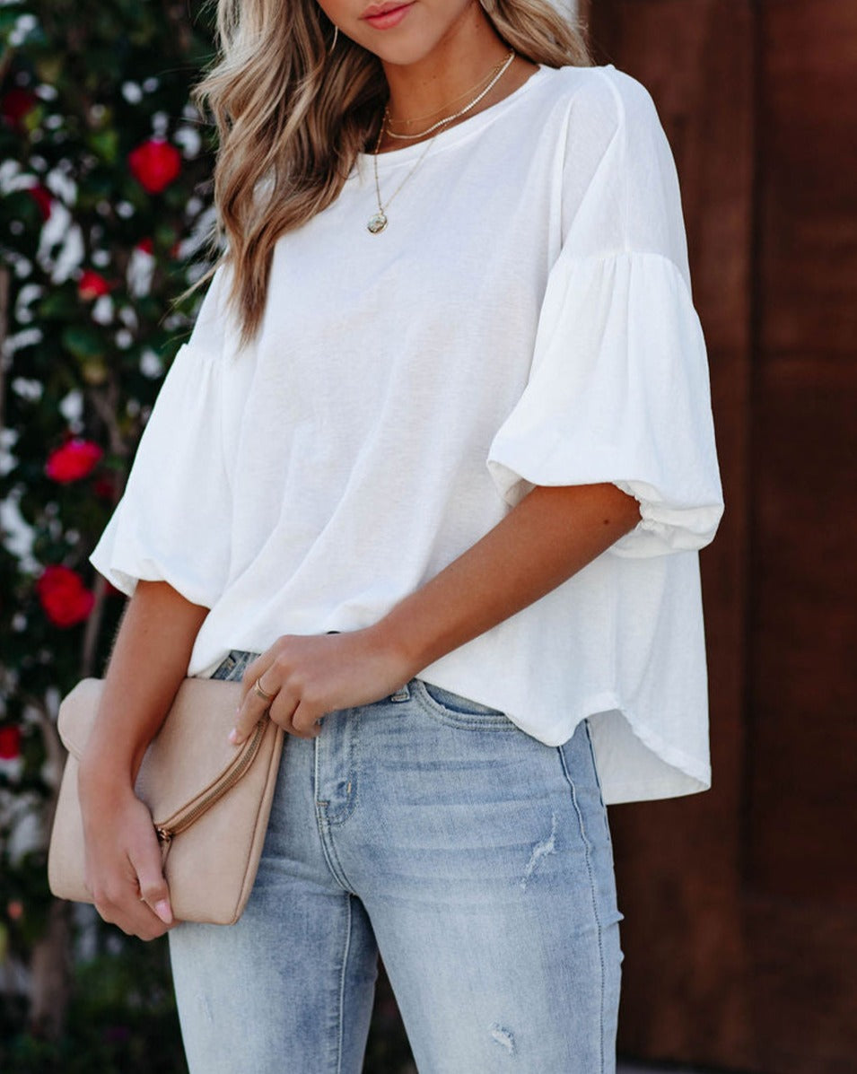 Bubble Sleeve Round Neck Blouse