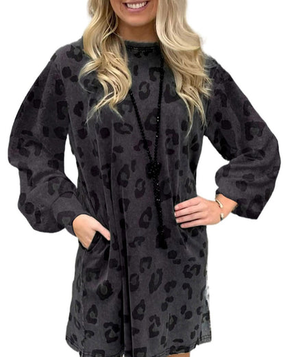 Leopard Pocketed Puff Sleeve Dress