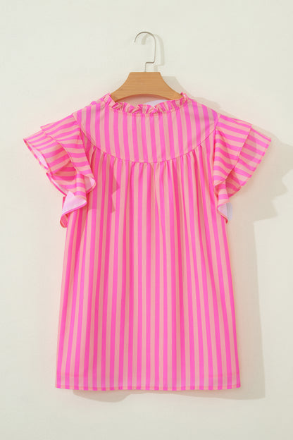 Stripe Split Neck Ruffle Sleeve Summer Blouse