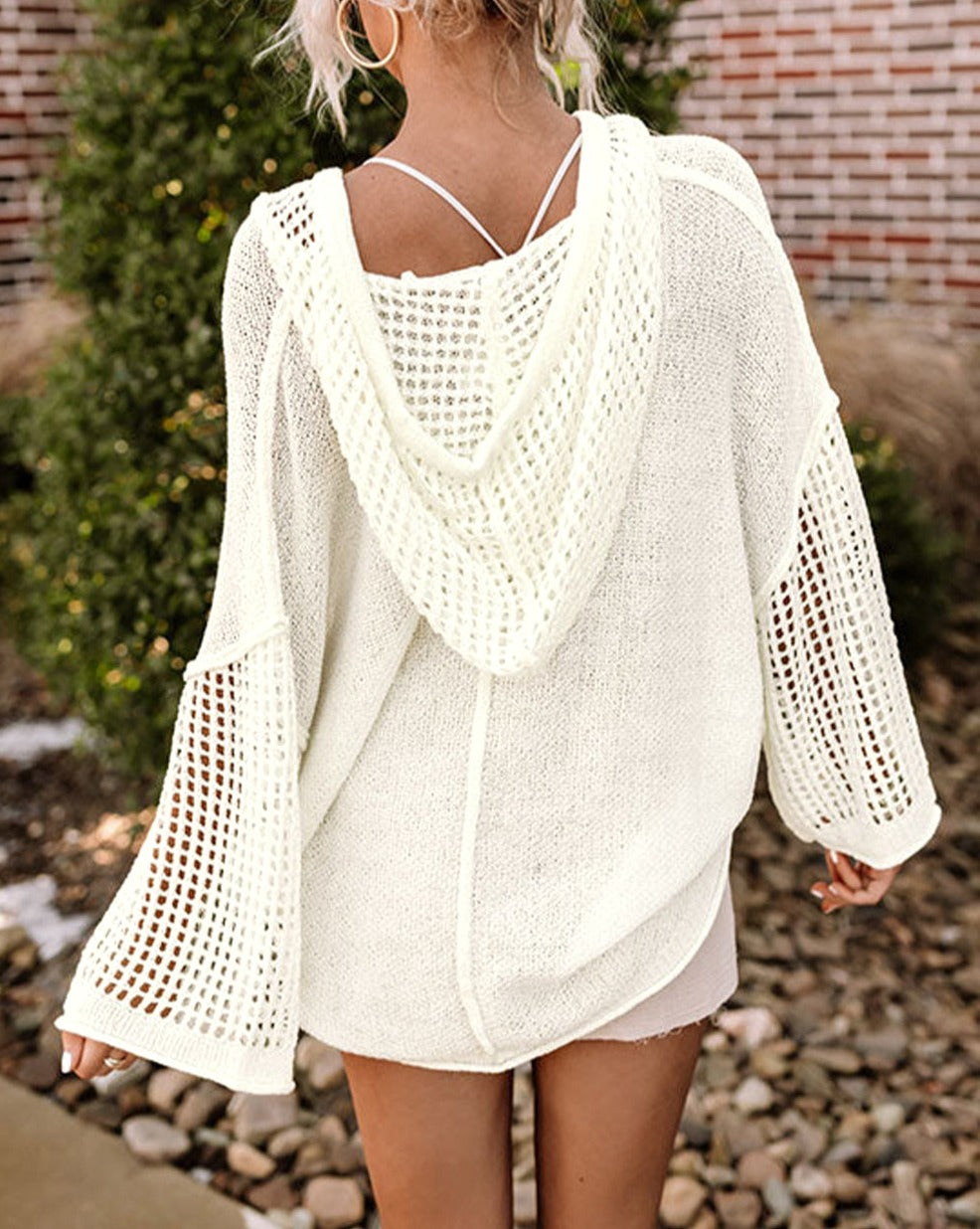 Hollowed Knit Drawstring Hooded Sweater