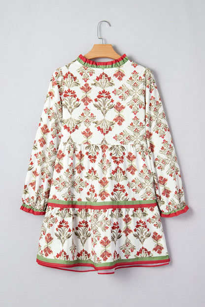 Floral Contrast Trim Frilled Neck Dress