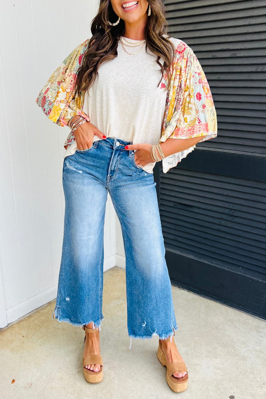 Floral Patchwork Batwing Sleeve Blouse