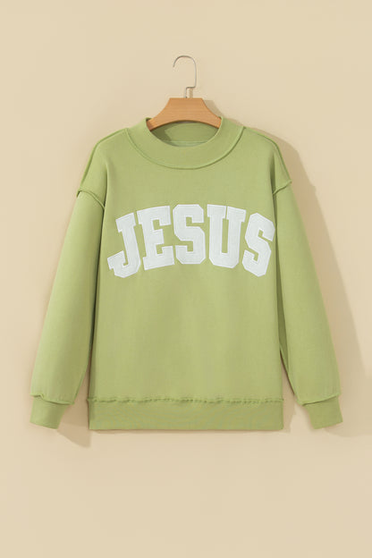 JESUS Letter Print Exposed Seam Mock Neck Sweatshirt