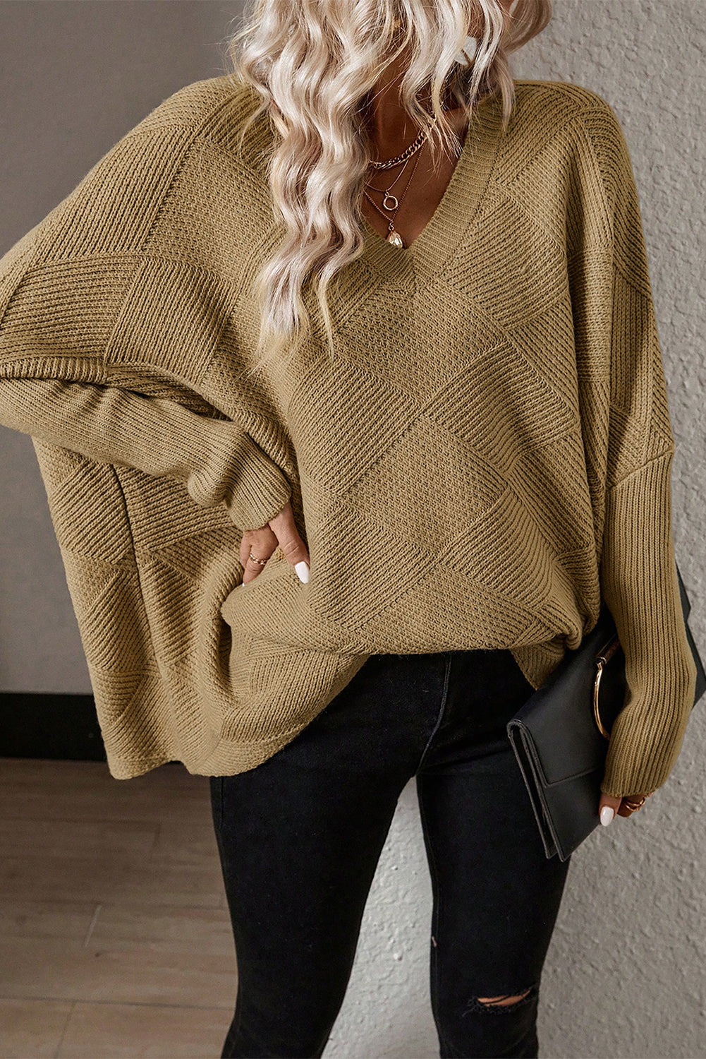 Checker Textured Batwing Sleeve Sweater