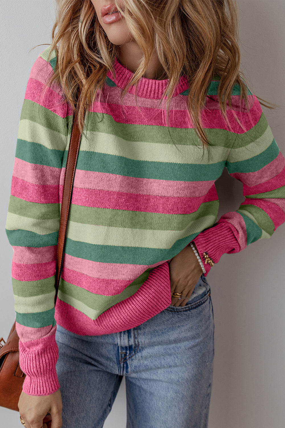 Stripe Colorblock Round Neck Sweater