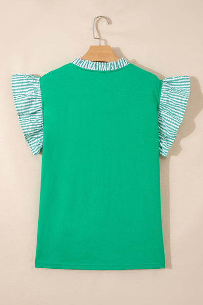 Plus Size Stripe Trim Ruffle Sleeve V-Neck Blouse