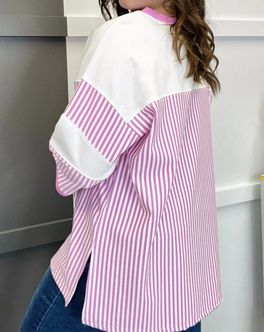 Stripe Patchwork 3/4 Sleeve T-Shirt Plus Size