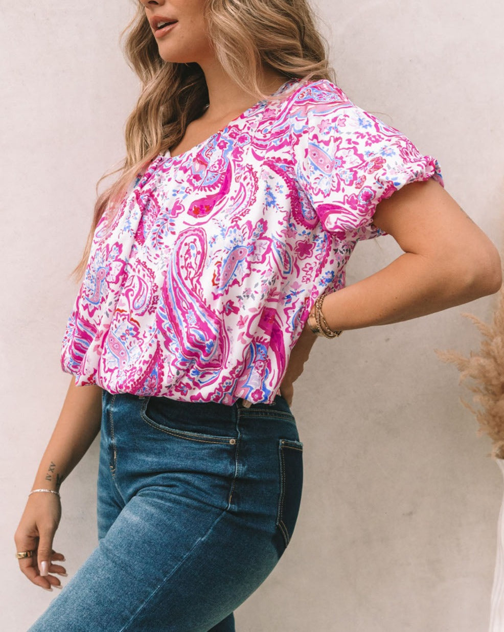 Paisley Short Puff Sleeve Blouse