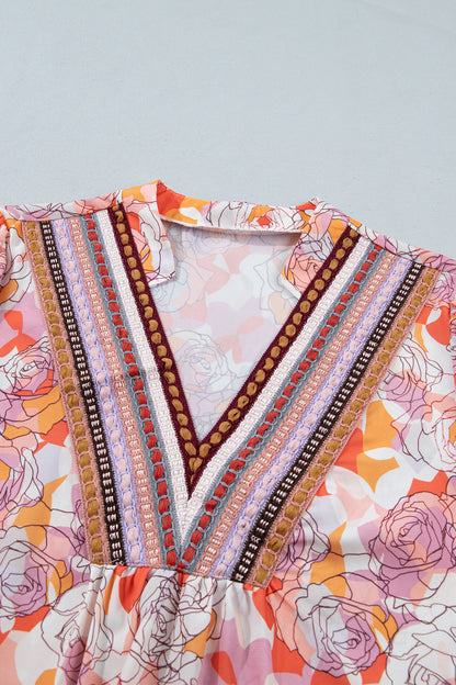 Floral Stripe V-Neck Long Sleeve Blouse