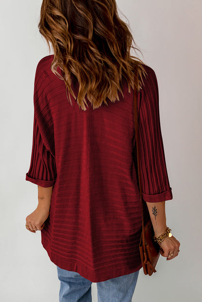 Ribbed 3/4 Sleeve Open Front Cardigan