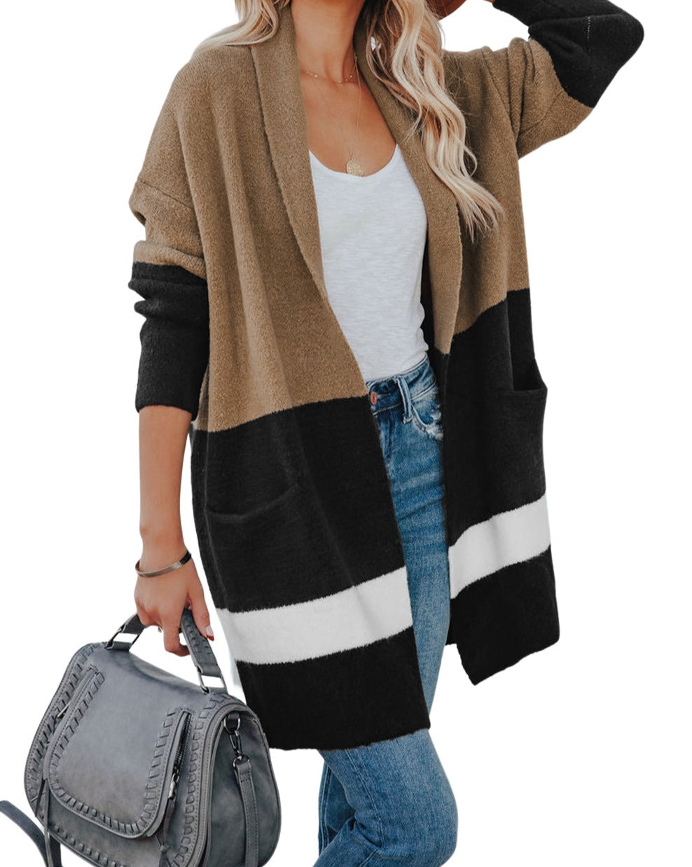 Colorblock Pocketed Open Front Cardigan