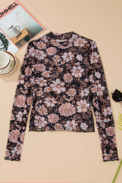 Floral Mesh Mock Neck Long Sleeve Top