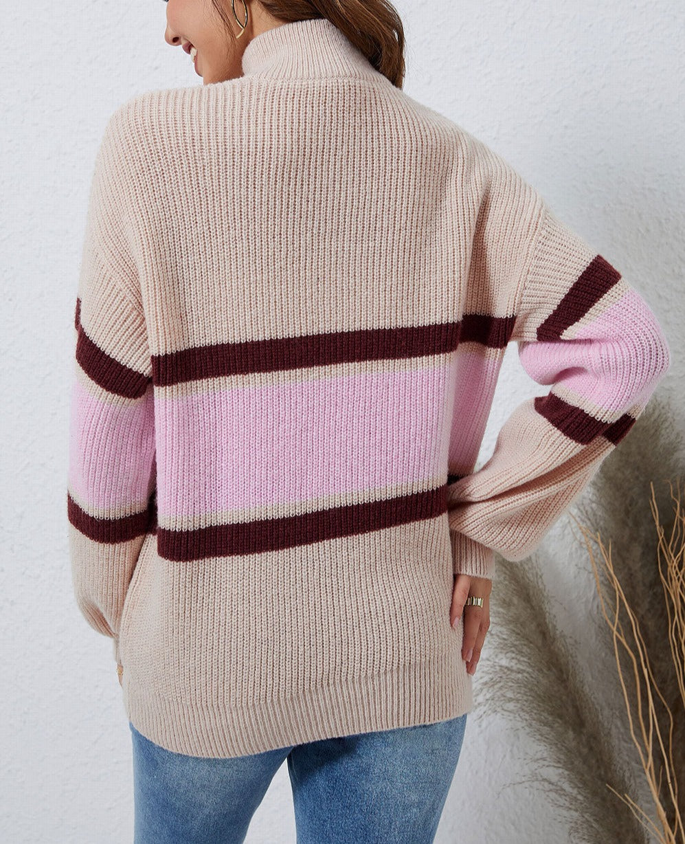 NEW! Stripe Zipper Collared Sweater