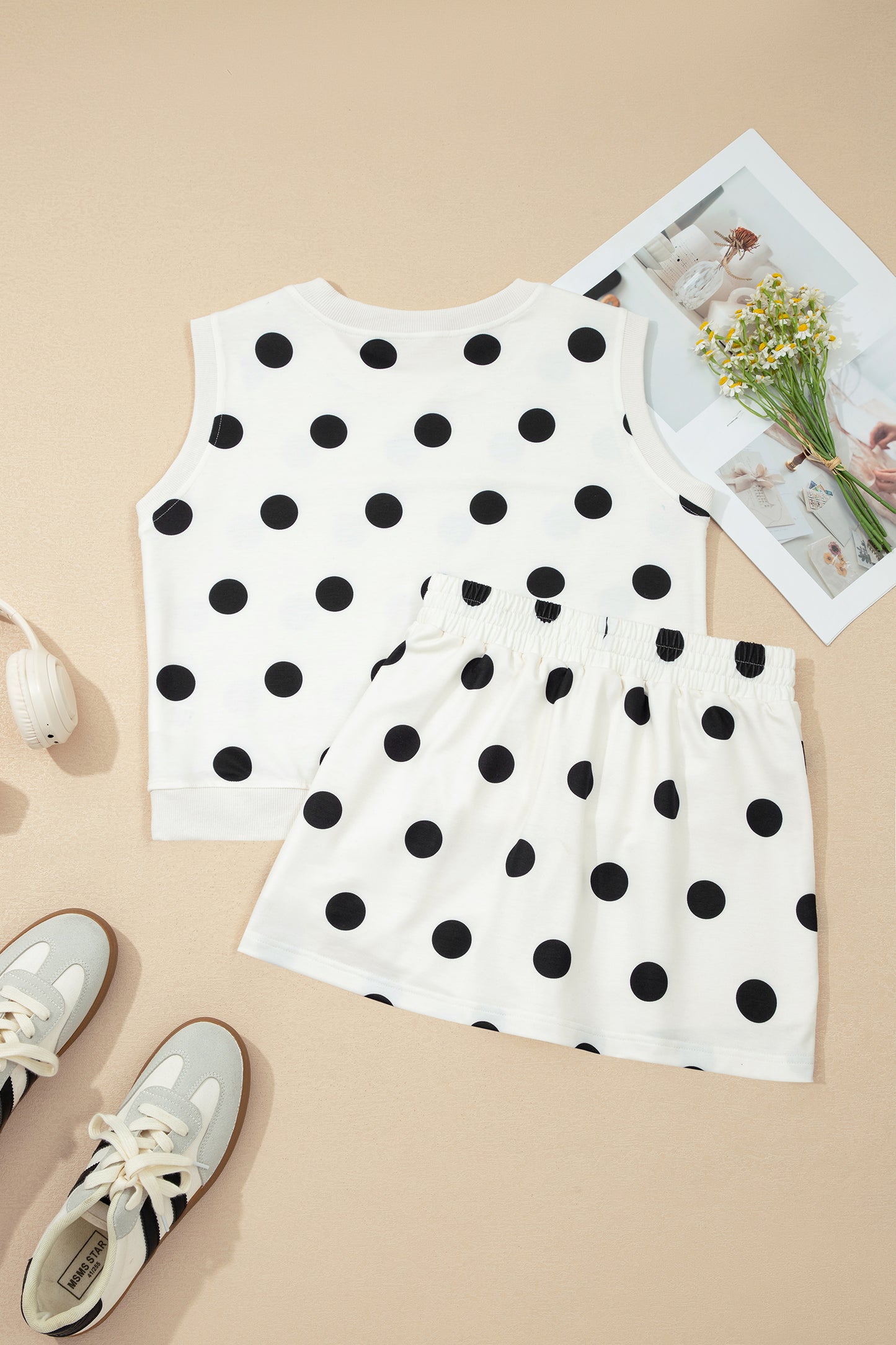 Polka Dot Ribbed Trim Tank & Mini Skort Set
