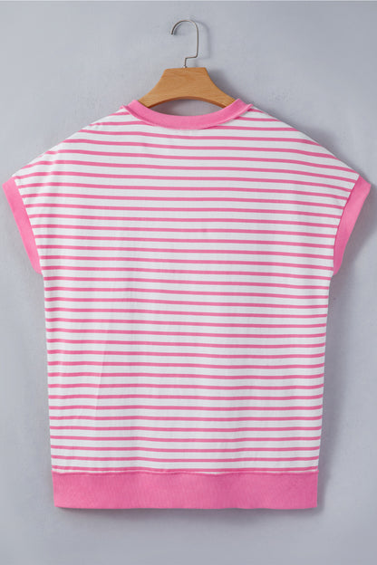 Stripe Half Placket High Low Short Sleeve Top