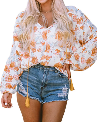 Floral Tassel Tie V-Neck Blouse