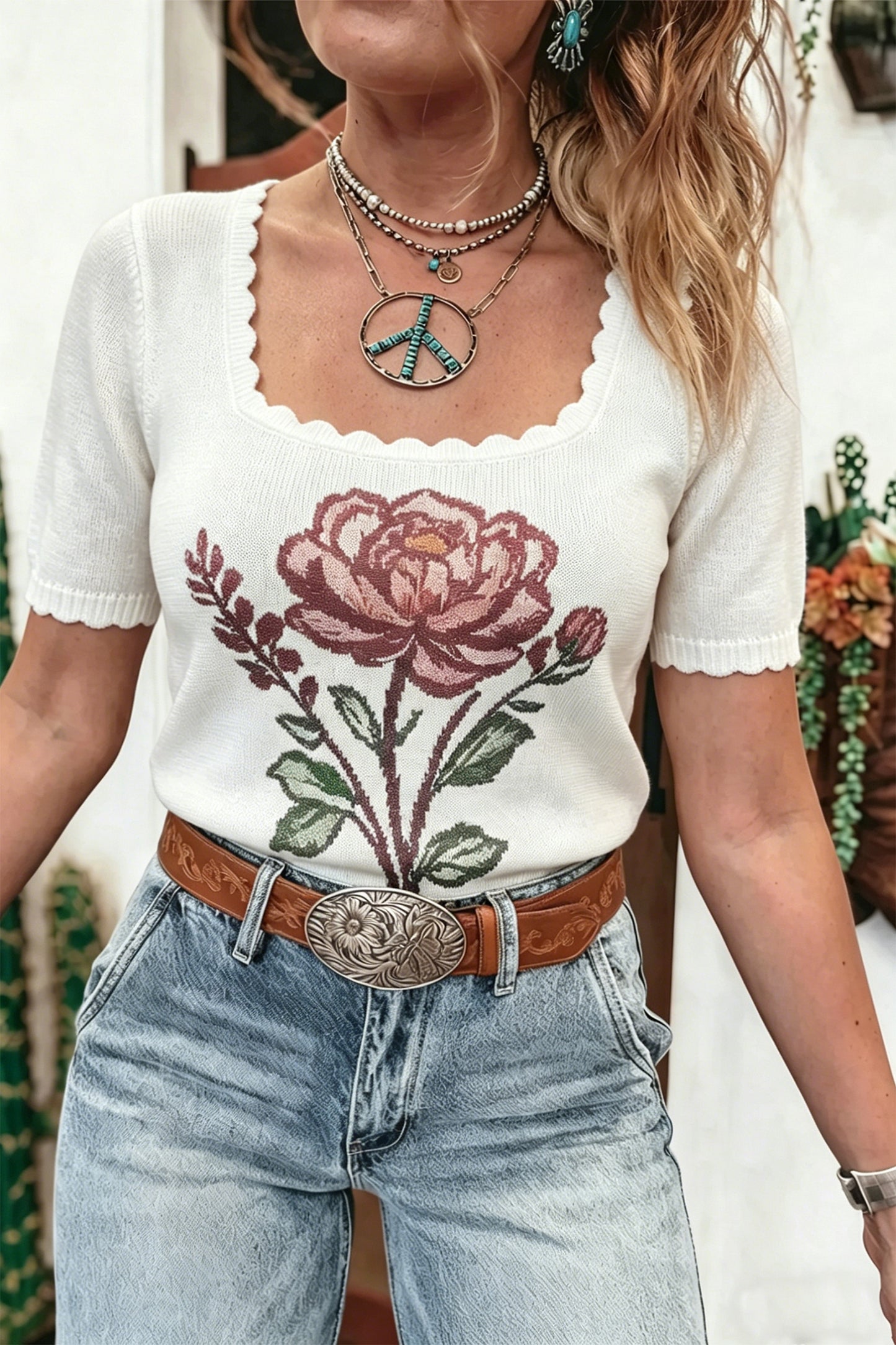 Western Floral Scalloped Square Neck Knit Top