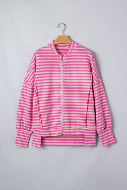 Stripe Puff Sleeve Zip-Up Sweatshirt Jacket