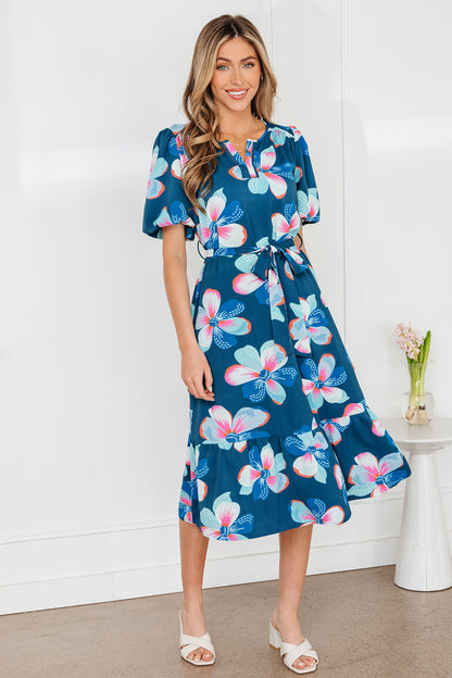Floral Short Puff Sleeve Ruffle Belted Midi Dress