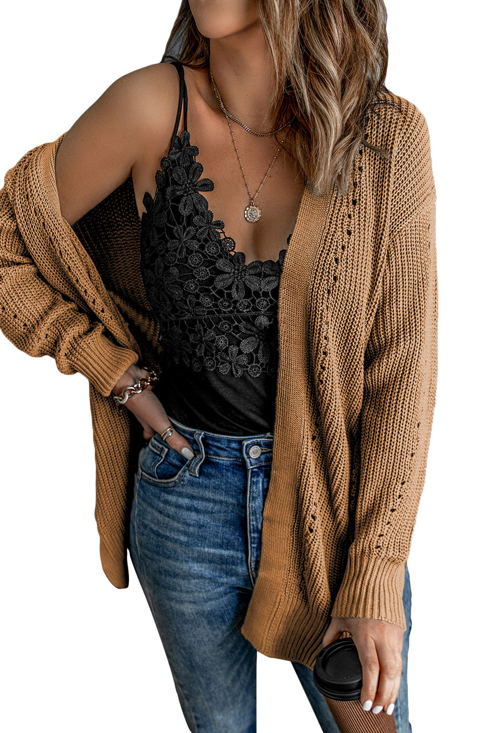 Hollowed Knit Side Slit Cardigan