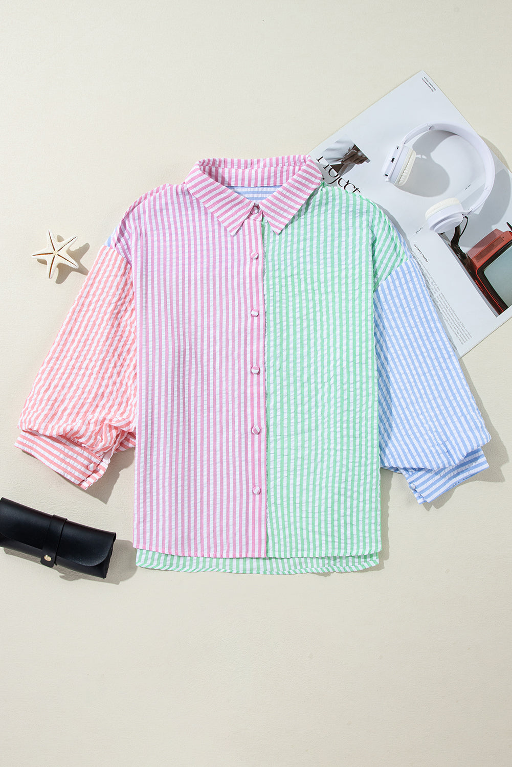 Stripe Colorblock Balloon Sleeve Shirt